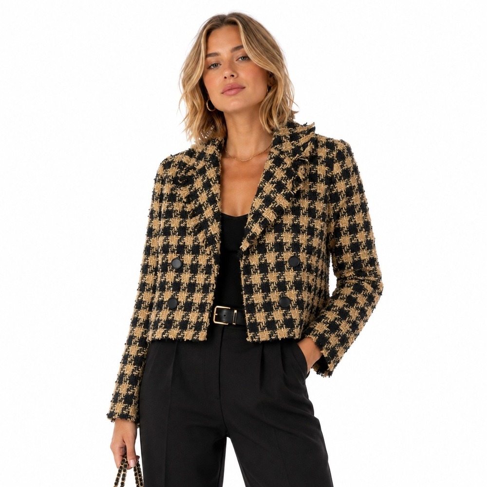 Dark Academia Tan Houndstooth Cropped Tweed Blazer House of Harlow S